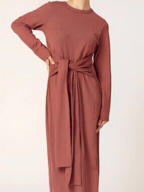 Veiled Long-Sleeve Maxi Dress with Front Tie in Dusty Rose